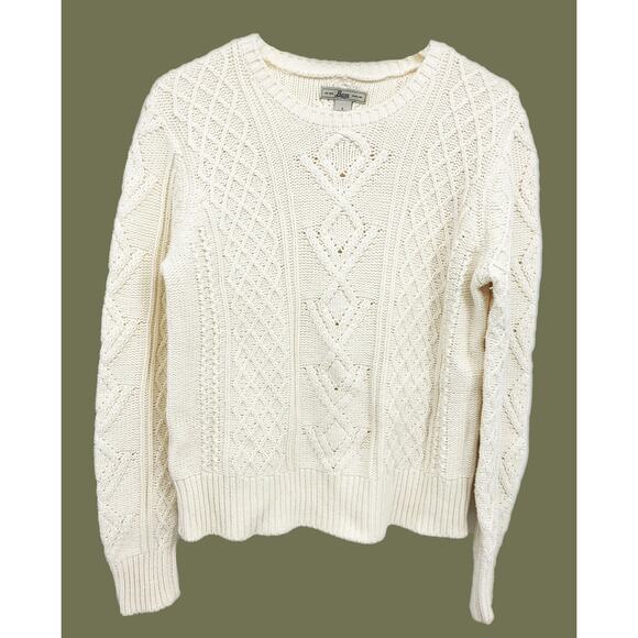 Bass Fisherman Cable Knit Sweater Ivory Pullover Crew Neck Cotton Blend Size L - Picture 1 of 3
